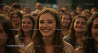 Cheerful Young Woman Smiling in a Joyful Crowd