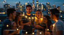 Friends Enjoying Rooftop Party with City Skyline at Dusk
