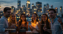 Friends Enjoying Rooftop Party with City Skyline