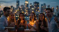 Friends Enjoying Rooftop Party with City Skyline