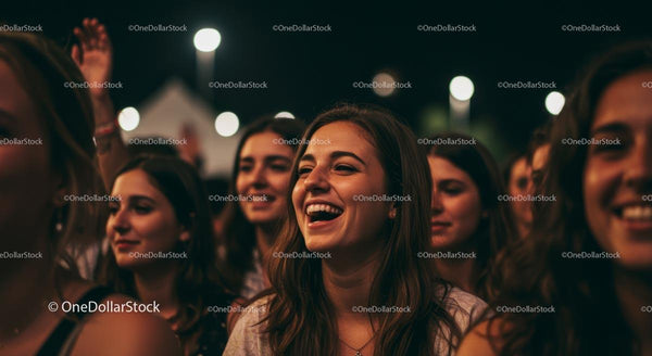 Uśmiechnięty tłum cieszący się nocnym koncertem