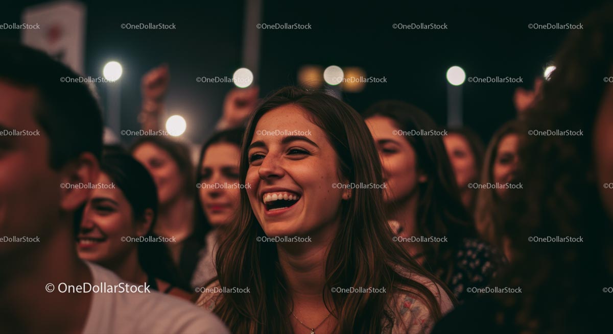 Uśmiechnięta młoda kobieta cieszy się koncertem na żywo