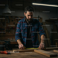 Skilled Carpenter Measuring Wood in a Workshop