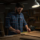 Skilled Craftsman Measuring Wood in Cozy Workshop