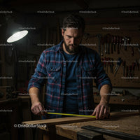 Skilled Carpenter Measuring Wood in Workshop