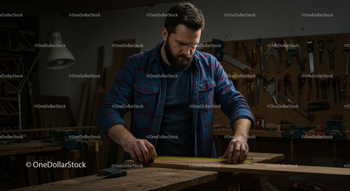 Focused Carpenter Measuring Wood in Busy Workshop