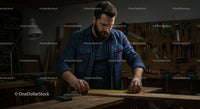 Focused Carpenter Measuring Wood in Busy Workshop