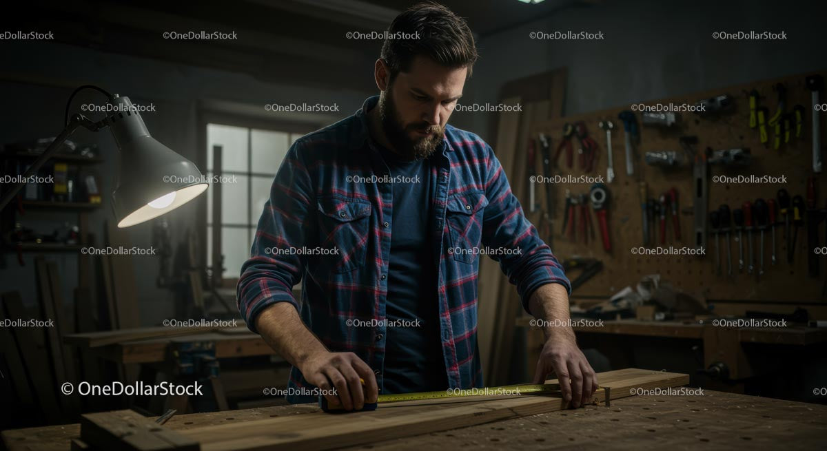 Craftsman Measuring Wood in Rustic Workshop