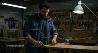 Carpenter Measuring Wood in Rustic Workshop