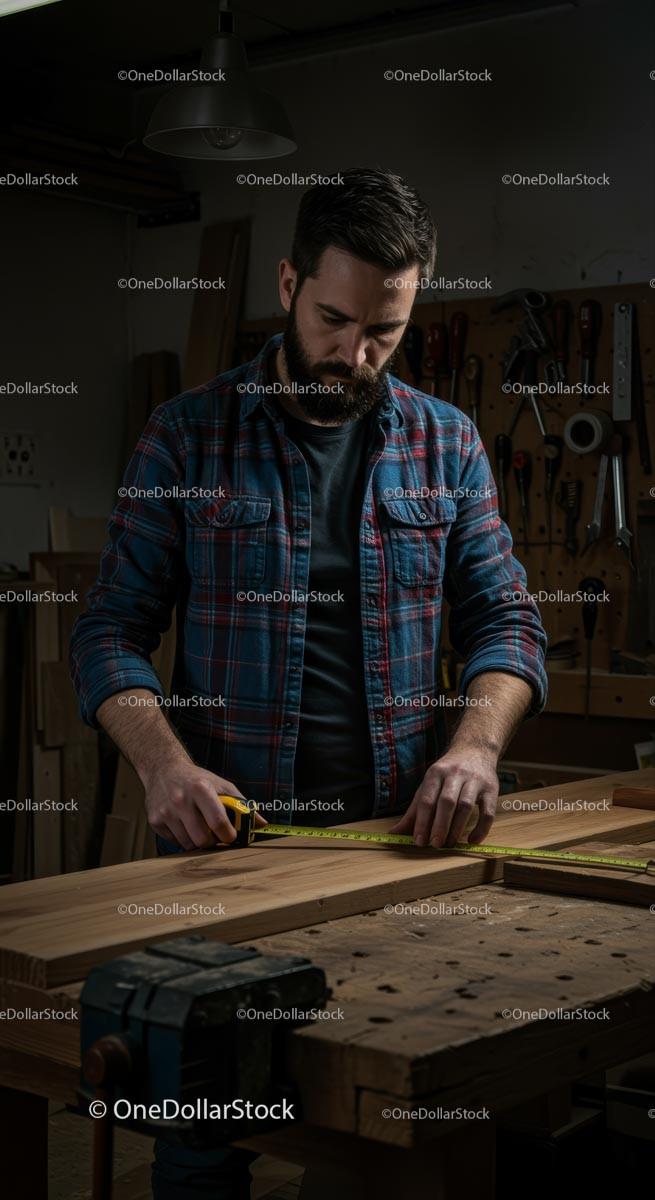 Skilled Carpenter Measuring Wood in Workshop