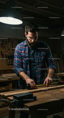 Focused Carpenter Measuring Wood in Workshop