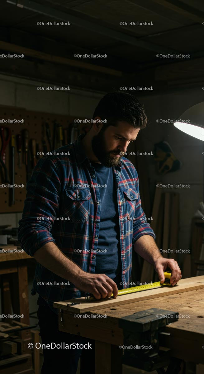 Craftsman Measuring Wood in Workshop