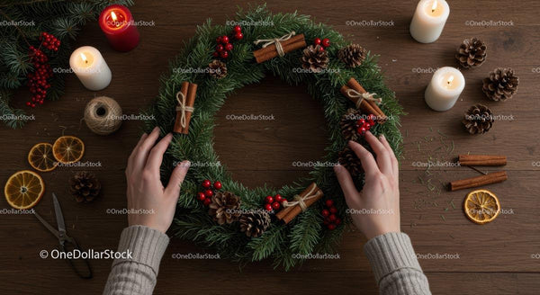 Świąteczny wieniec bożonarodzeniowy z świecami i naturalnymi elementami