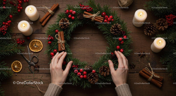 Christmas Wreath with Pinecones and Red Berries