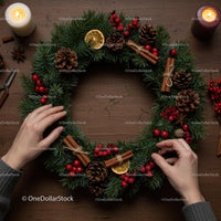 Festive Christmas Wreath with Pine Cones and Red Berries