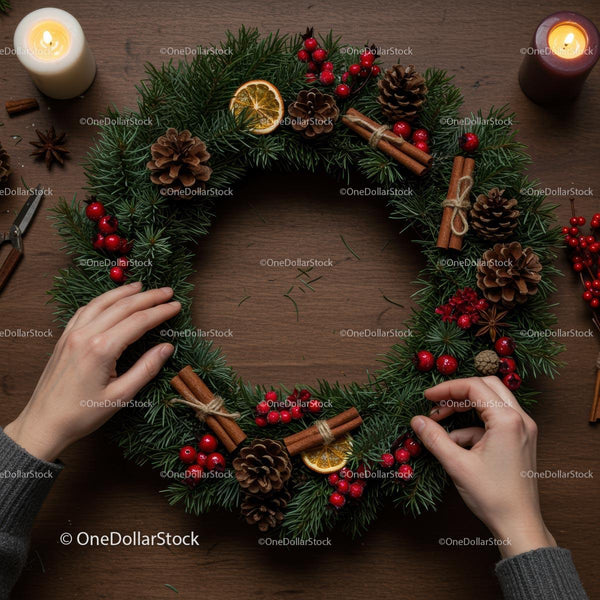 Festive Christmas Wreath with Pine Cones and Red Berries