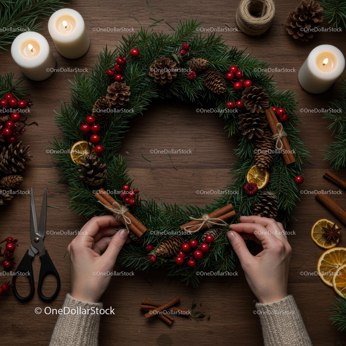 Festive Christmas Wreath with Evergreen Foliage and Accents