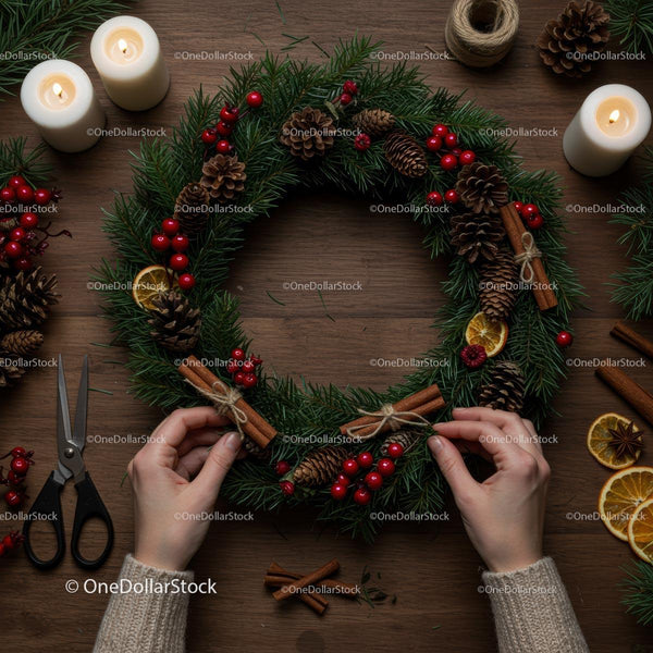 Festive Christmas Wreath with Evergreen Foliage and Accents