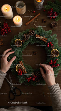 Handcrafted Christmas Wreath with Pine Cones and Red Berries