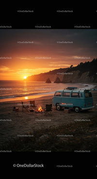 Camper Van by Campfire at Scenic Beach Sunset