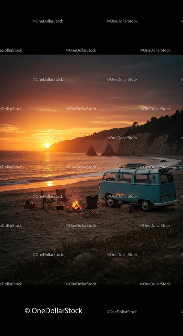 Camper Van by Campfire at Scenic Beach Sunset
