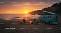Vintage Van by Campfire on Scenic Beach at Sunset