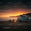Vintage Camper Van by Campfire at Sunset Beach