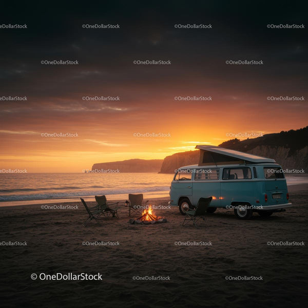 Vintage Camper Van przy Ognisku na Plaży o Zachodzie Słońca