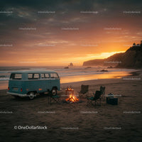 Vintage Van by a Beach Bonfire at Sunset