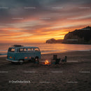 Vintage Van by Campfire on Scenic Sunset Beach