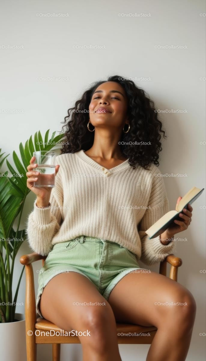 Relaxed Woman Drinking Water and Reading Indoors