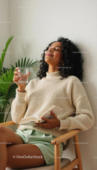 Relaxed Woman Enjoying Peaceful Moment with Book and Drink