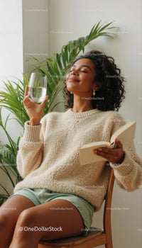 Woman Relaxing with Book and Water in Cozy Setting