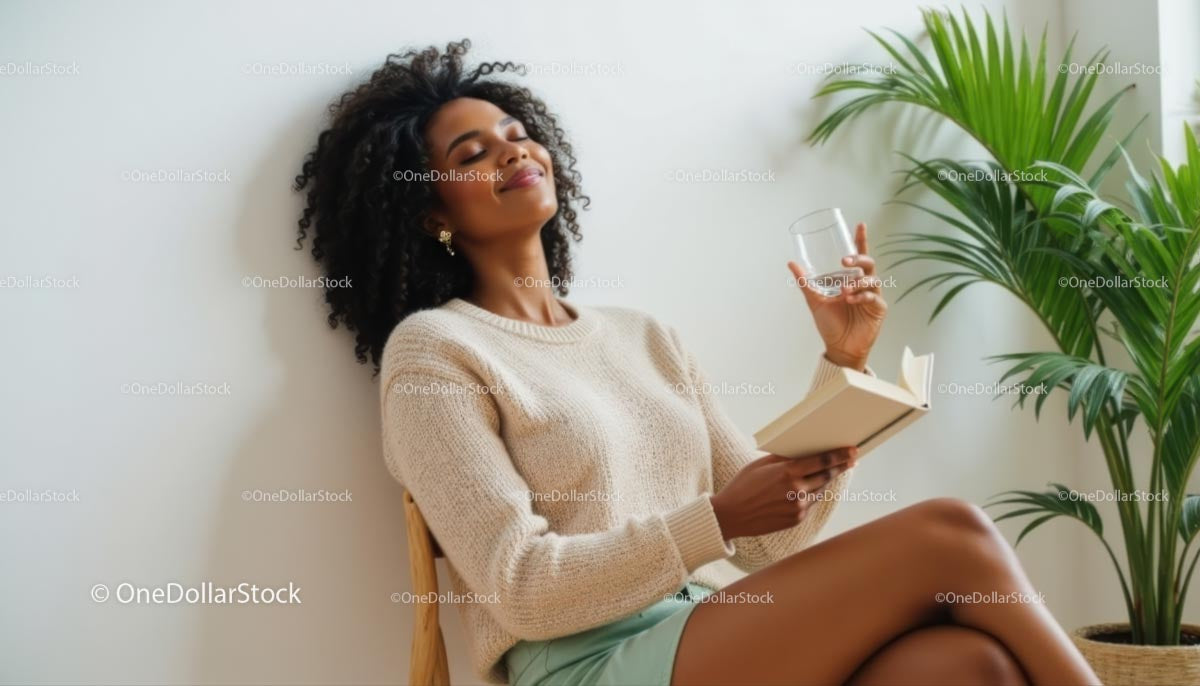 Woman Enjoying a Relaxing Moment with a Book and Drink