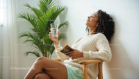 Woman Relaxing with Book and Glass of Water by Palm Plant