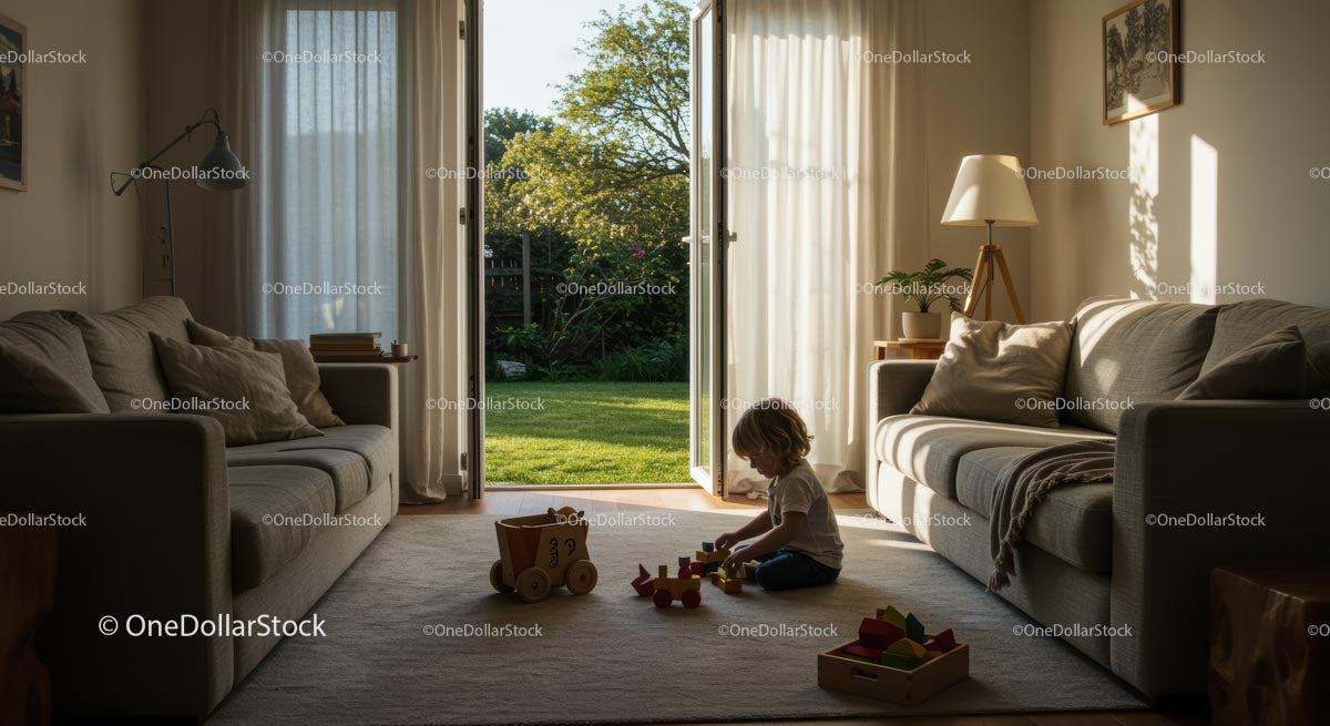 Child Playing in Sunlit Modern Living Room with Open Patio Doors