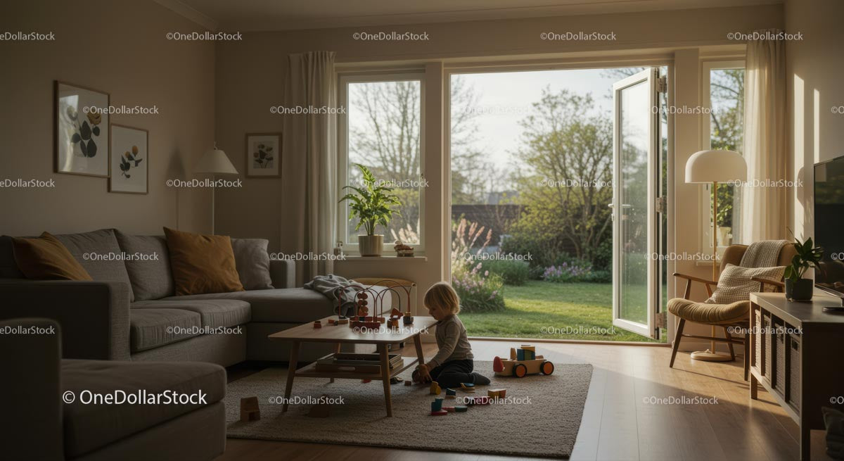 Child Playing in Sunlit Modern Living Room with Open Patio Doors