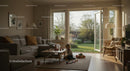 Child Playing in Sunlit Modern Living Room with Open Patio Doors