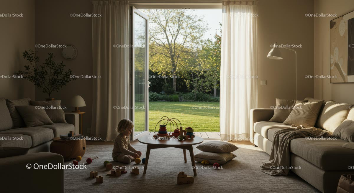 Child Playing in Sunlit Modern Living Room with Open Patio Doors