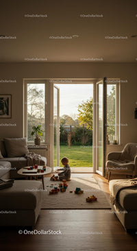Child Playing in Sunlit Modern Living Room with Open Patio Doors