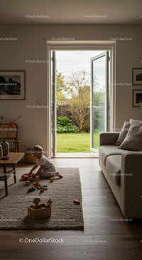 Child Playing in Sunlit Modern Living Room with Open Patio Doors