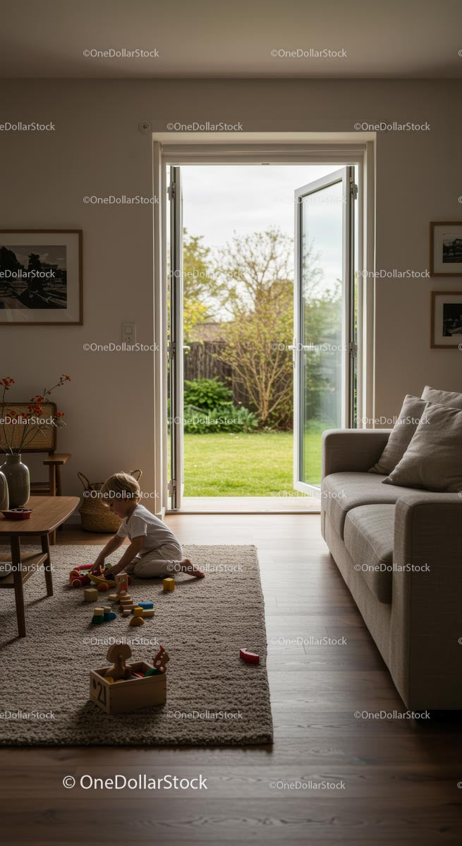 Child Playing in Sunlit Modern Living Room with Open Patio Doors