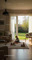 Child Playing with Wooden Toys in Sunlit Living Room