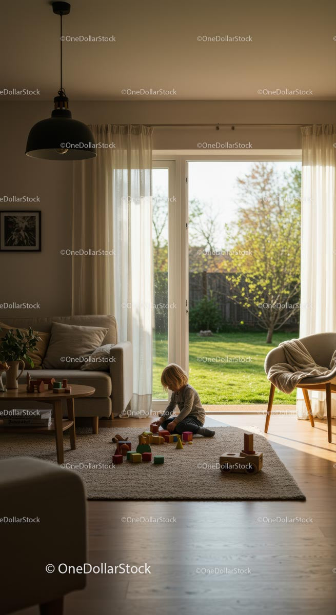 Dziecko bawiące się drewnianymi zabawkami w słonecznym salonie