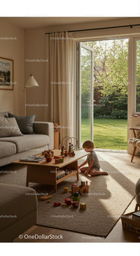 Child Playing in Sunlit Modern Living Room with Open Patio Doors
