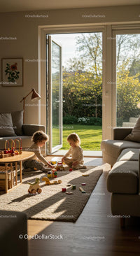 Child Playing in Sunlit Modern Living Room with Open Patio Doors