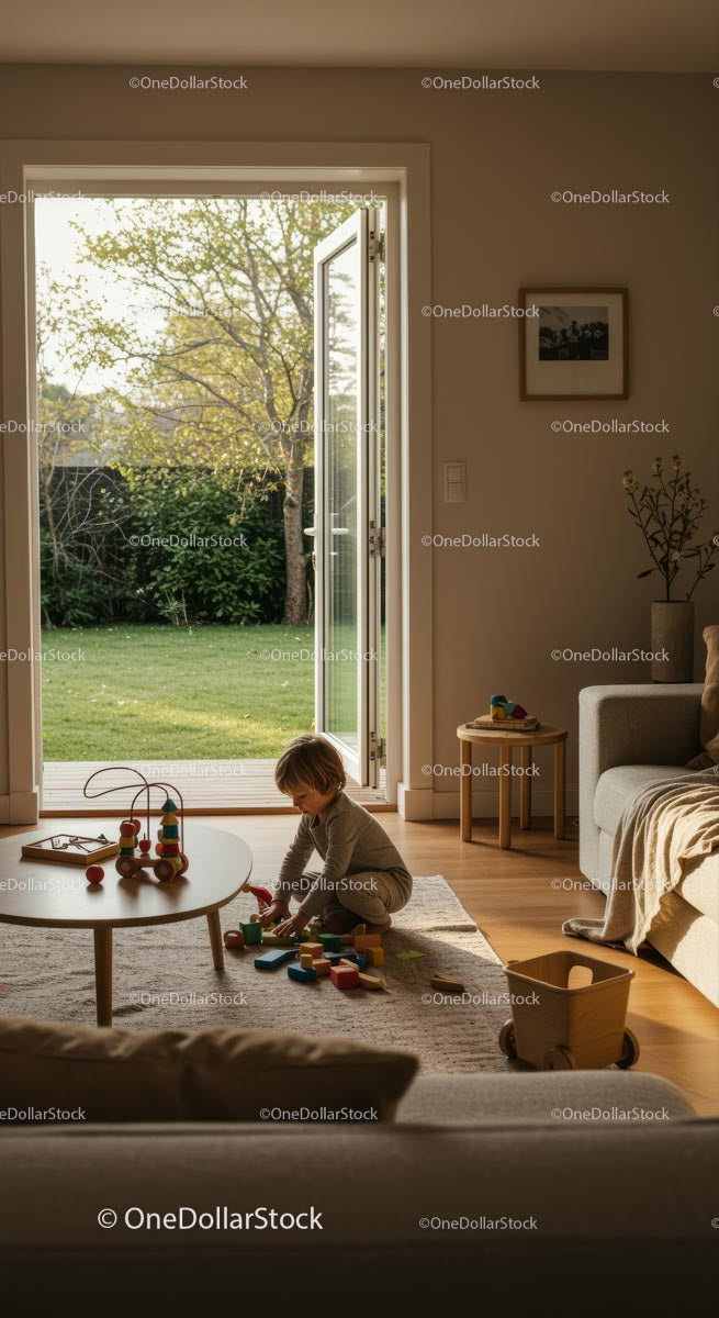 Toddler Playing Indoors with Natural Light and Garden View