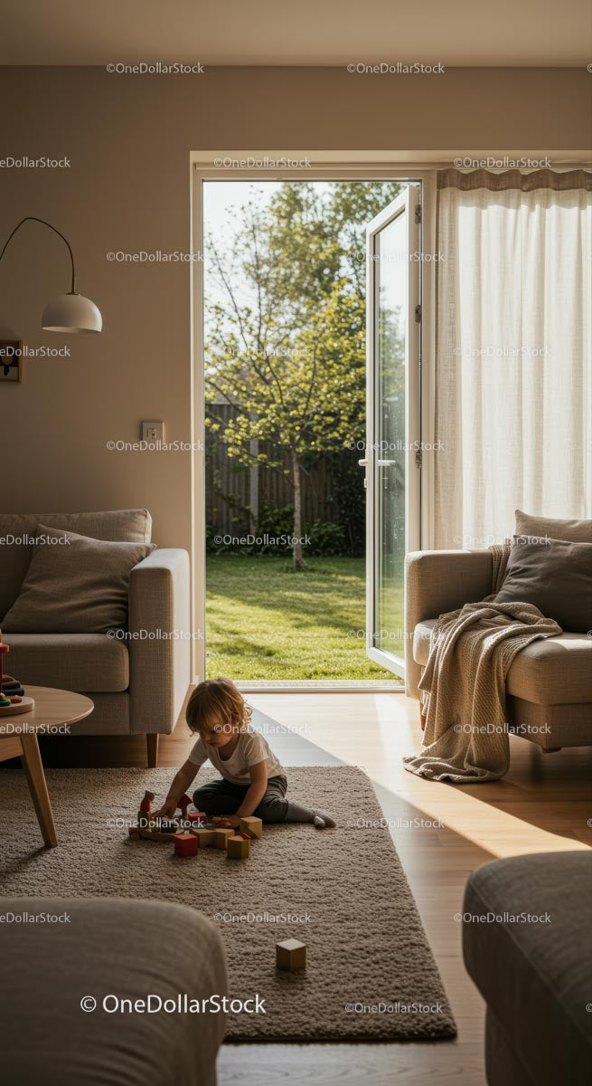 Child Playing in Sunlit Modern Living Room with Open Patio Doors