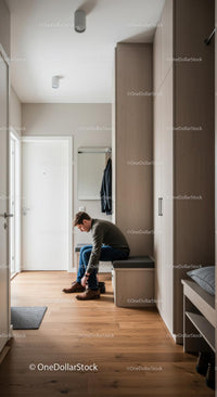 Man Tying Shoes in Modern Hallway with Wooden Flooring