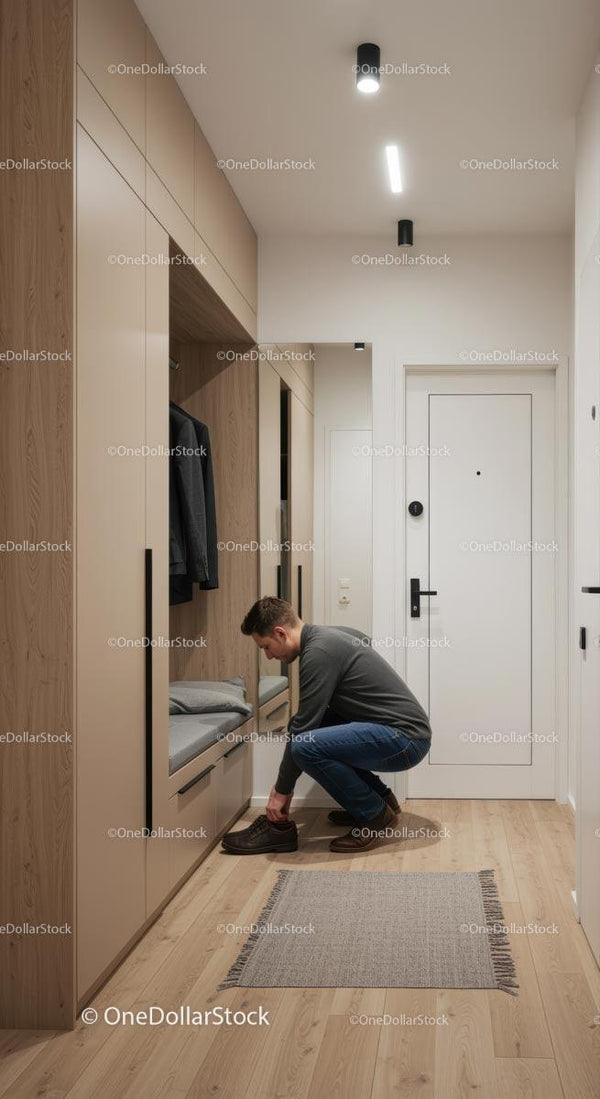 Man Tying Shoes in Modern Minimalist Hallway